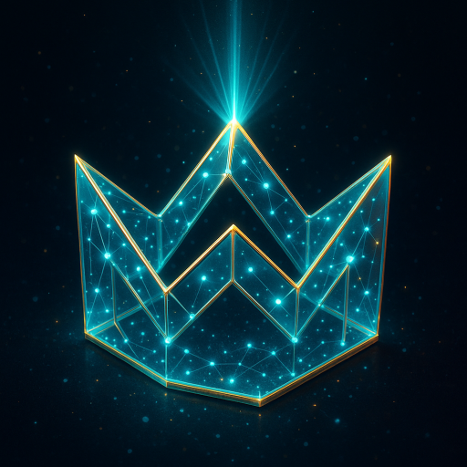 A 3D isometric crown made of three interlocked translucent triangles with glowing cyan particles inside. Light beam erupting from the top. Negative space forms an abstract 'M'. Particles connect like constellations. Edges lined in holographic gold. Dark cosmic background, quantum glow effect. Hyper-detailed, cyber-luxury style.